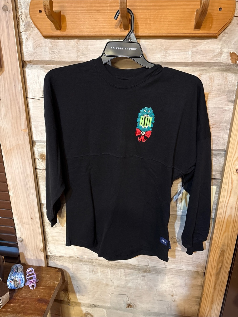 Disney Black Long Sleeve Tee with Teal Green Wreath and Red Bow